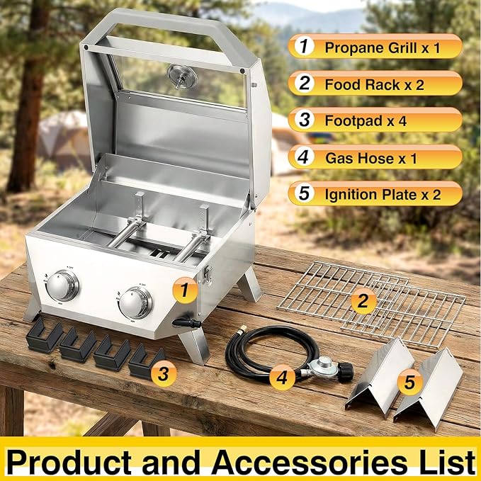 BESTFIRE 2-Burner Tabletop Propane Grill, 20000 BTU Stainless Steel Portable BBQ with Viewing Glass Lid, Built-in Thermometer & Push-Button Ignition for Patio, Camping, RV & Tailgating