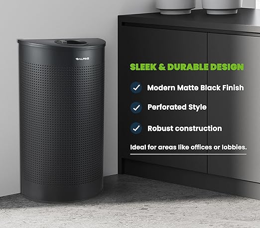 Alpine Half Round Trash Can Open Top - Modern Black Metal 12 Gallon Half Moon, Space Saving Indoor Commercial Trash Cans with Lid, Narrow Garbage Can for Bathroom, Office, Lobby and Business.