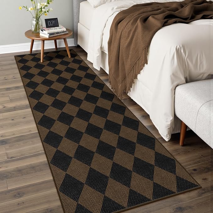 Easy Jute Checkered Runner Rug, 2.6x8 Coffee Modern Washable Rugs Runner for Hallway Non-Slip Kitchen Runner Rug, Geometric Diamond Indoor Outdoor Carpet for Porch Laundry Entryway