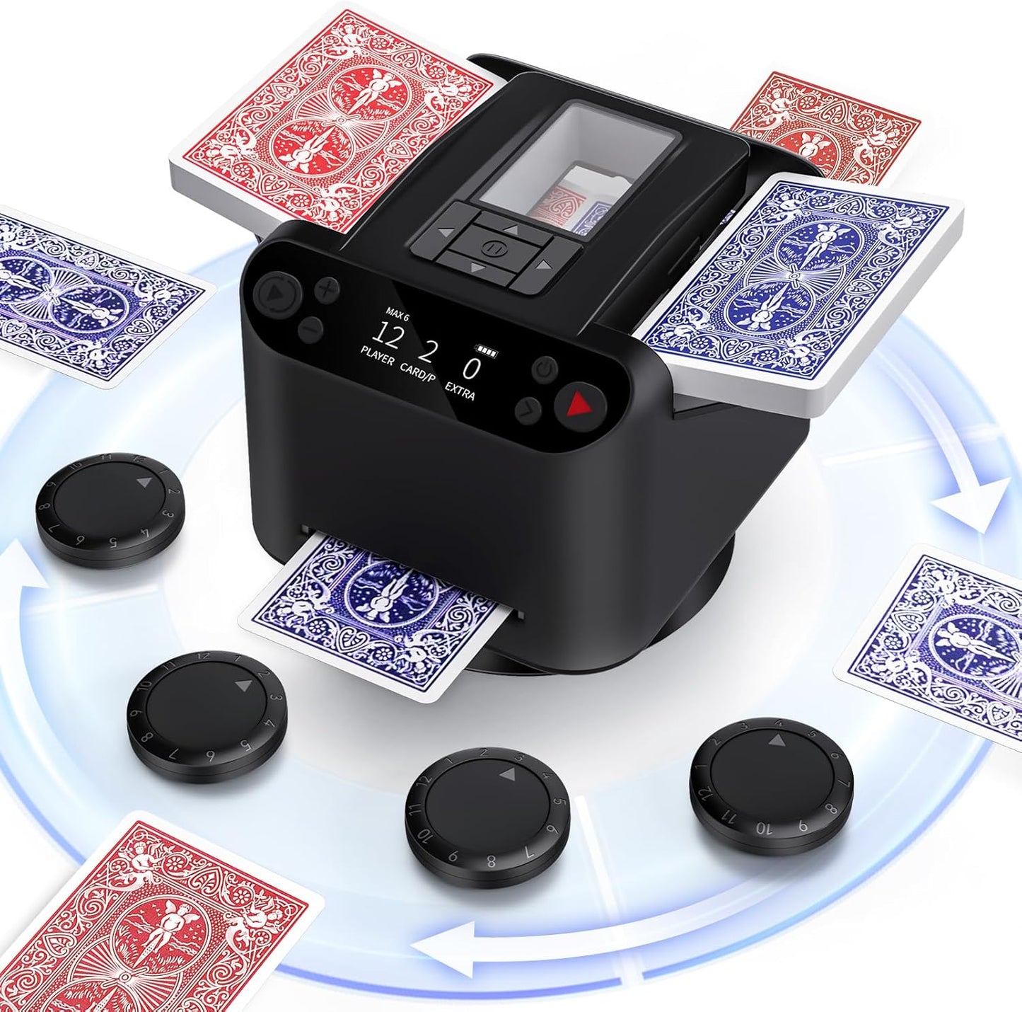 Automatic Card Shuffler and Dealer 2-in-1, 2 Deck 360° Rotating Dealing Machine for 12 Players, 4 Drawing Remotes, Rechargeable Playing Card Shuffler Machine for UNO, Poker, Phase 10