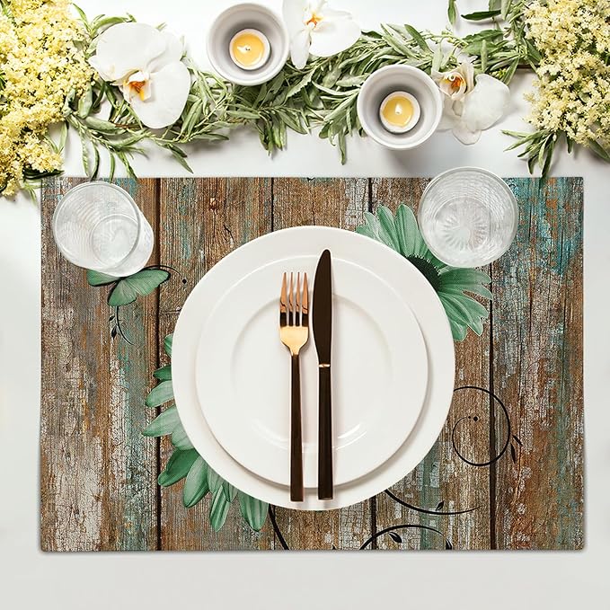 Giwawa Rustic Daisy Placemats Set of 4- Green Sunflowers on Vintage Wood Board Linen Place Mat- Farmhouse Wooden Non Slip Heat Resistant Table Mats for Dining Kitchen Cabin Lodge Decor