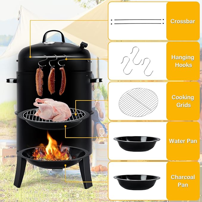 TCFUNDY 32" Vertical Charcoal Smoker Grill, Heavy-Duty BBQ Grill with Built-in Thermometer, 3 in 1 Grill and Smoker, Portable Meat Cooker with Air Vent for Outdoor Barbecue Cooking