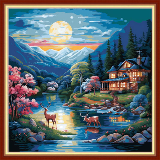 Dooxvey Cross Stitch Kits for Adults Beginners,Full Range of Cross-Stitch Stamped Kits Needlepoint Kits for Beginners Embroidery Kits 11CT Cross Stitch Patterns-Night Elk 18x18 inch