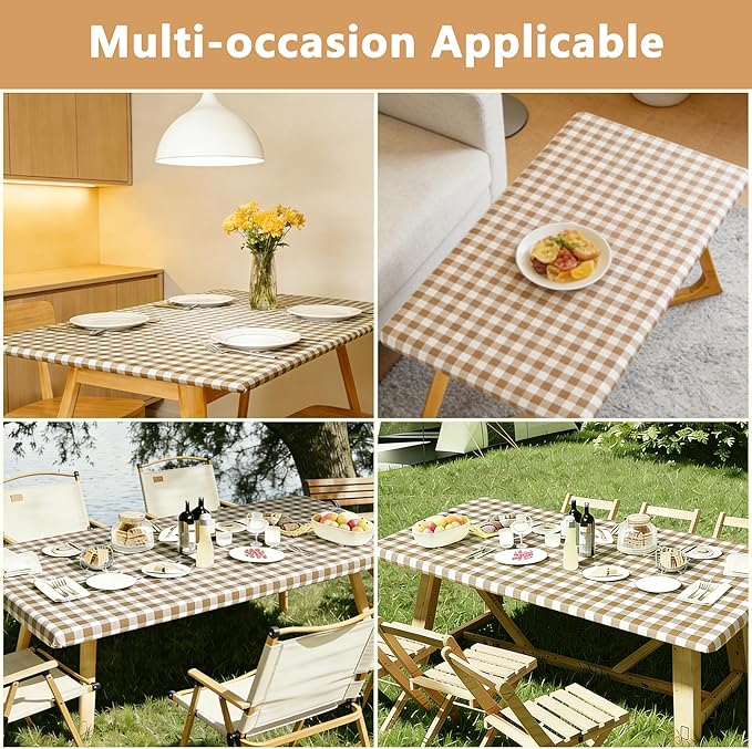 Rectangle Picnic Table Cloth, Elastic Waterproof Fitted Vinyl Tablecloths for 5 Foot Tables, Wipeable Flannel Backed Table Covers for Dining, Camping, Outdoor(Khaki Plaid,30"x60")