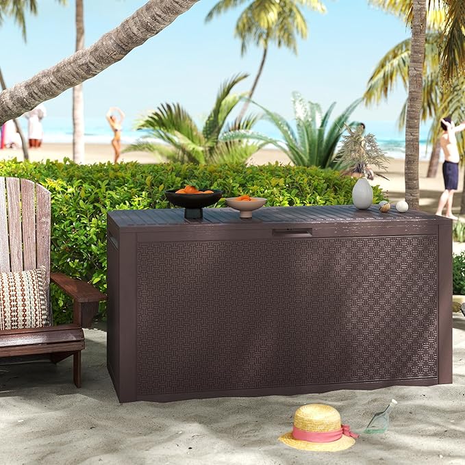 ZYJOYY 90 Gallon Resin Deck Box, Weatherproof Outdoor Storage Box for Patio, Garden, Pool, and Yard, Lockable Waterproof Bin for Tools, Cushions, and Accessories, Brown