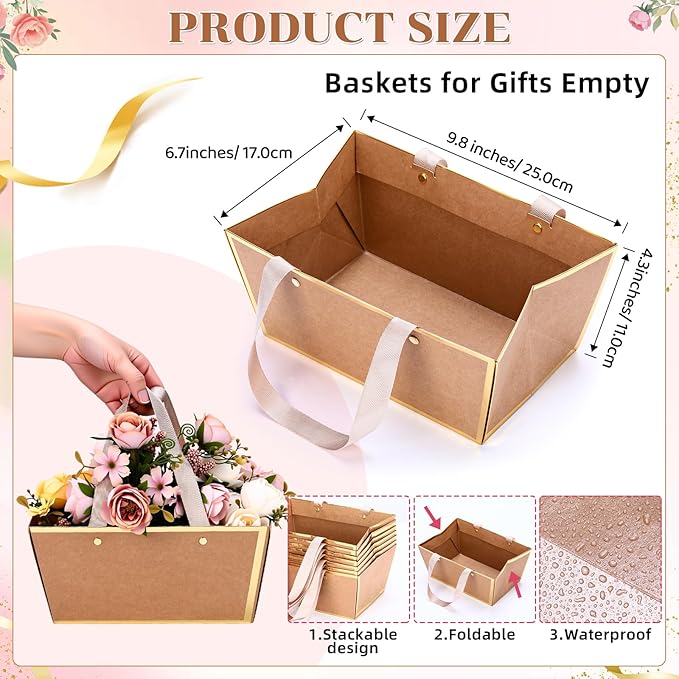 Tuanse 30 Pcs Basket for Gift Empty DIY Bulk Gift Basket Kit with Handle Kraft Cardboard Tray with 30 Bag 30 Bow Market Tray for Wedding Party(Brown Gold,9.8 x 6.7 x 4.3 in)