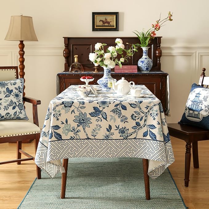 Vintage Blue and White Rectangle Tablecloth,French Linen Floral Wrinkle Free Tablecloths,Decorative Table Cover for Kitchen,Dining,Party,Thanksgiving,Christmas,55"*87"-Suqing