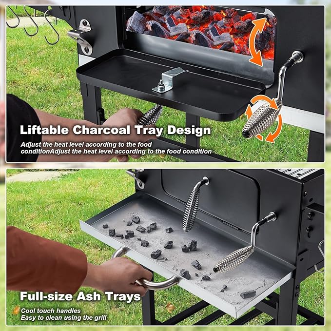 MELLCOM Small Charcoal Grill with Wood Foldable Side Table - 338 Sq.In BBQ Area with Individual Lifting Charcoal Trays & Thermometer, Movable Charcoal Barbeque Grill for Patio, Garden and Backyard