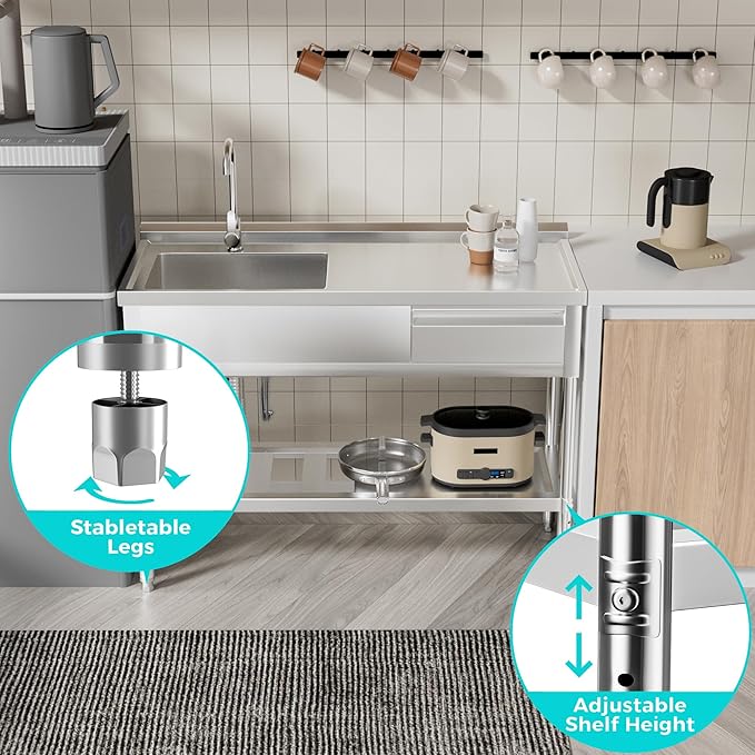 WOEDEN 39" 304 Stainless Steel Utility Sink, Free-Standing Commercial Sink with Workbench, Drawer Storage & Hot/Cold Water Pipes for Laundry, Farmhouse & Outdoor Use
