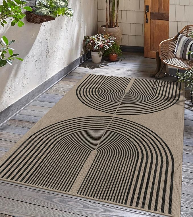Easy Jute Rainbow Area Rug, 3x5 Indoor Outdoor Entryway Rug Washable Non-Slip Modern Boho Kitchen Rugs, Black and Nature Abstract Throw Carpet for Living Room Patio Kids Room