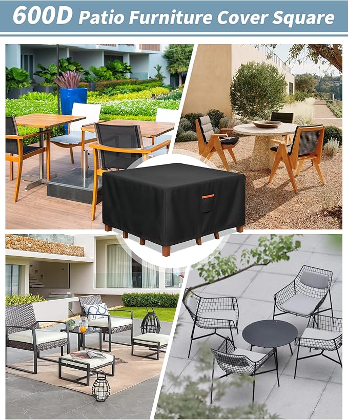 Outdoor Waterproof Furniture Cover, 54W x 54L x 28H inches Heavy Duty 600D Square Table and Chair Set Protection, Black