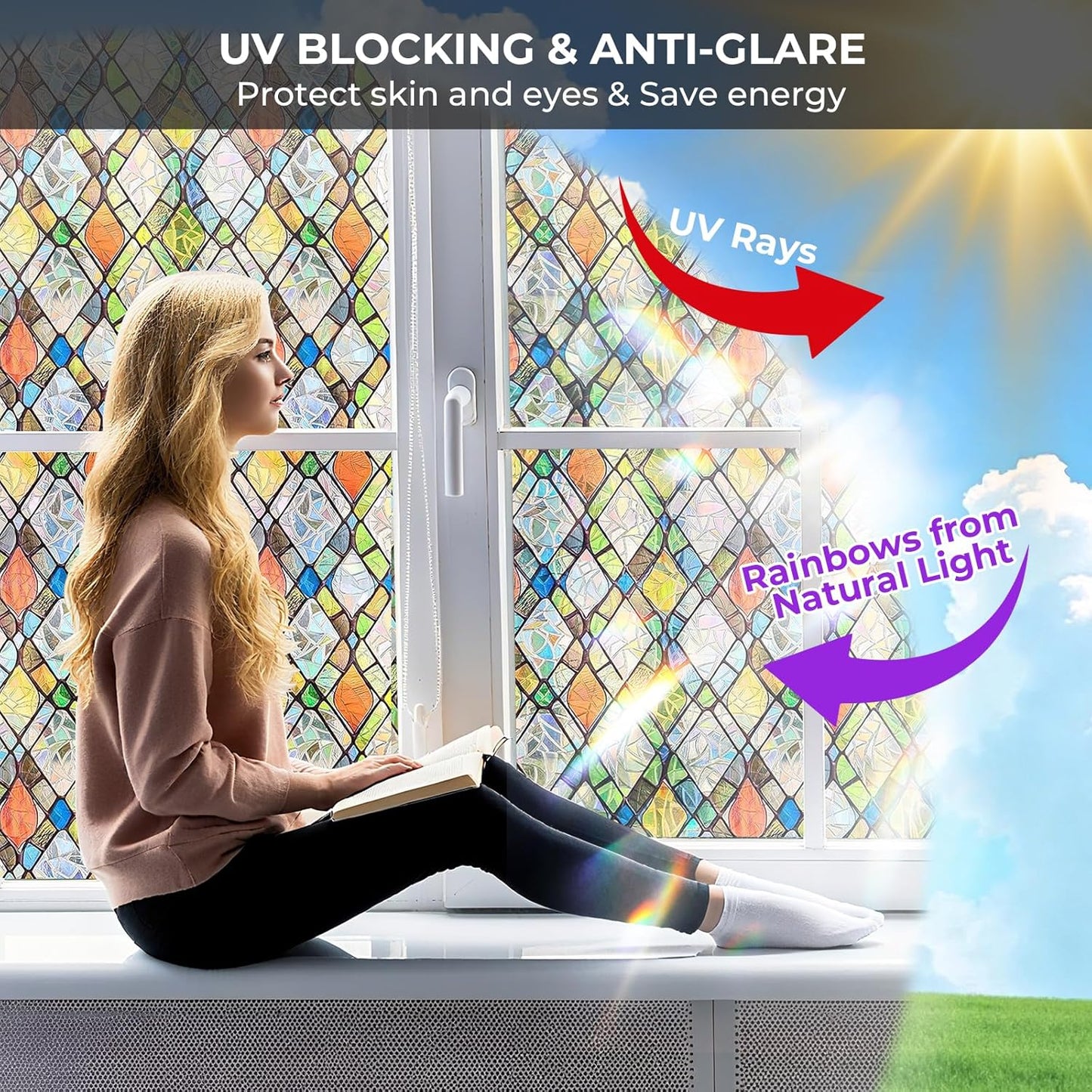 Window Privacy Film Rainbow Film Stained Glass 3D Static Cling Decorative Window Sticker for Bathroom,Front Door,Home Heat Control UV Blocking Non Adhesive,Diamond Grid 17.5 x 78.7 inches
