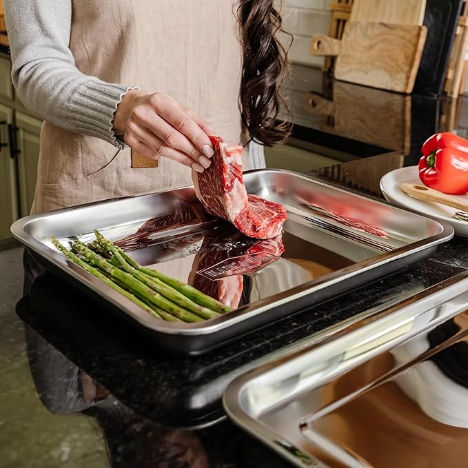 BLAZIN' GRILL Prep and Serving Trays | Set of 2 Stackable, Stainless Steel BBQ Grill Trays | Serving Platter for Marinating, Serving & Chopping | Grill Accessories for Plating Food & BBQ Prep Tub |