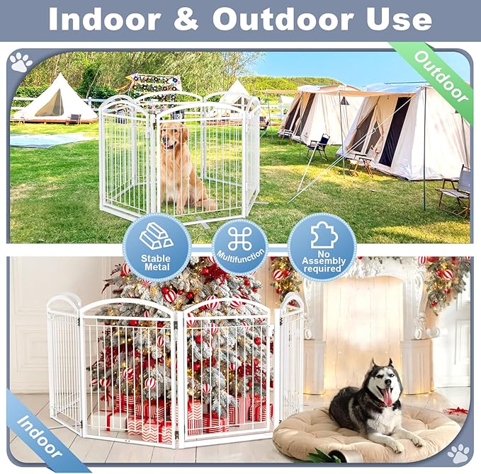 Full Metal Free Standing Dog Gate with Door for Indoor Outdoor, 144'' Extra Wide 32'' Tall Dog Gate for Doorways,Large Openings,Decks,Freestanding Portable Pet Fence(6 Panels,Black)
