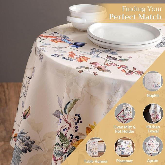 Maison d' Hermine Table Cloth Round Table 100% Cotton 63 Inches Fall Tablecloth Reusable Everyday Use for Thanksgiving Christmas Decorations Dining Farmhouse Party (Equinoxe - Beige)