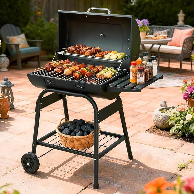 Outvita Barrel Charcoal Grill with Warming Rack, Outdoor BBQ Grill with Side Front Table with Spacious Cooking Grid Area for Backyard Patio Picnic Parties Camping, Black