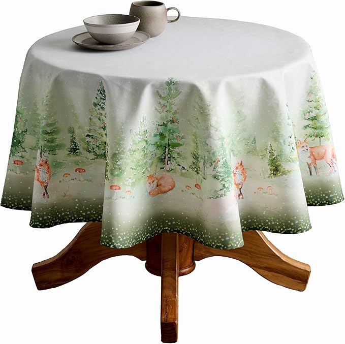 Maison d' Hermine Table Cloth Round Table 100% Cotton 69 Inches Fall Tablecloth Reusable Everyday Use for Thanksgiving Christmas Decorations Dining Farmhouse Party (Winter Mornings)