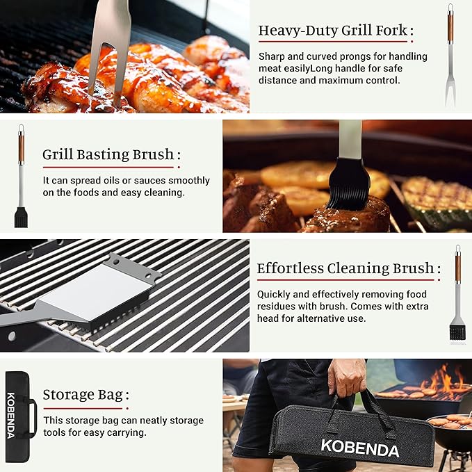 BBQ Grill Tools Set, Stainless Steel Grilling Set with Storage Bag, Spatula, Fork, Cleaning Brush BBQ Accessories, Grill Accessories for Outdoor Cooking Camping, Grilling Gifts for Men