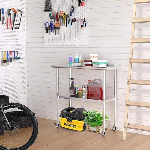 Stainless Steel Table with Wheels 18 x 36 Inches Metal Prep Table with Backsplash & Caster, Adjustable Undershelf for Commercial Kitchen, Outdoor, Restaurant, Hotel & Garage