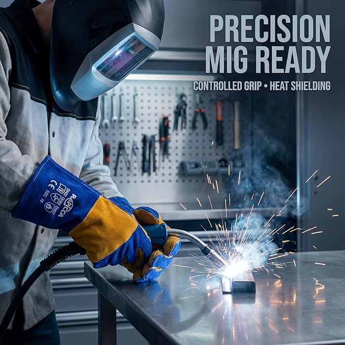 RAPICCA Welding Gloves Fire Heat Resistant: Blue 16IN 932℉ - Fireproof Leather For Stick Mig Flux-Core Welder Forge Blacksmith Fireplace Wood Stove Fire Pit Grill Oven Furnace Handling Dry Ice