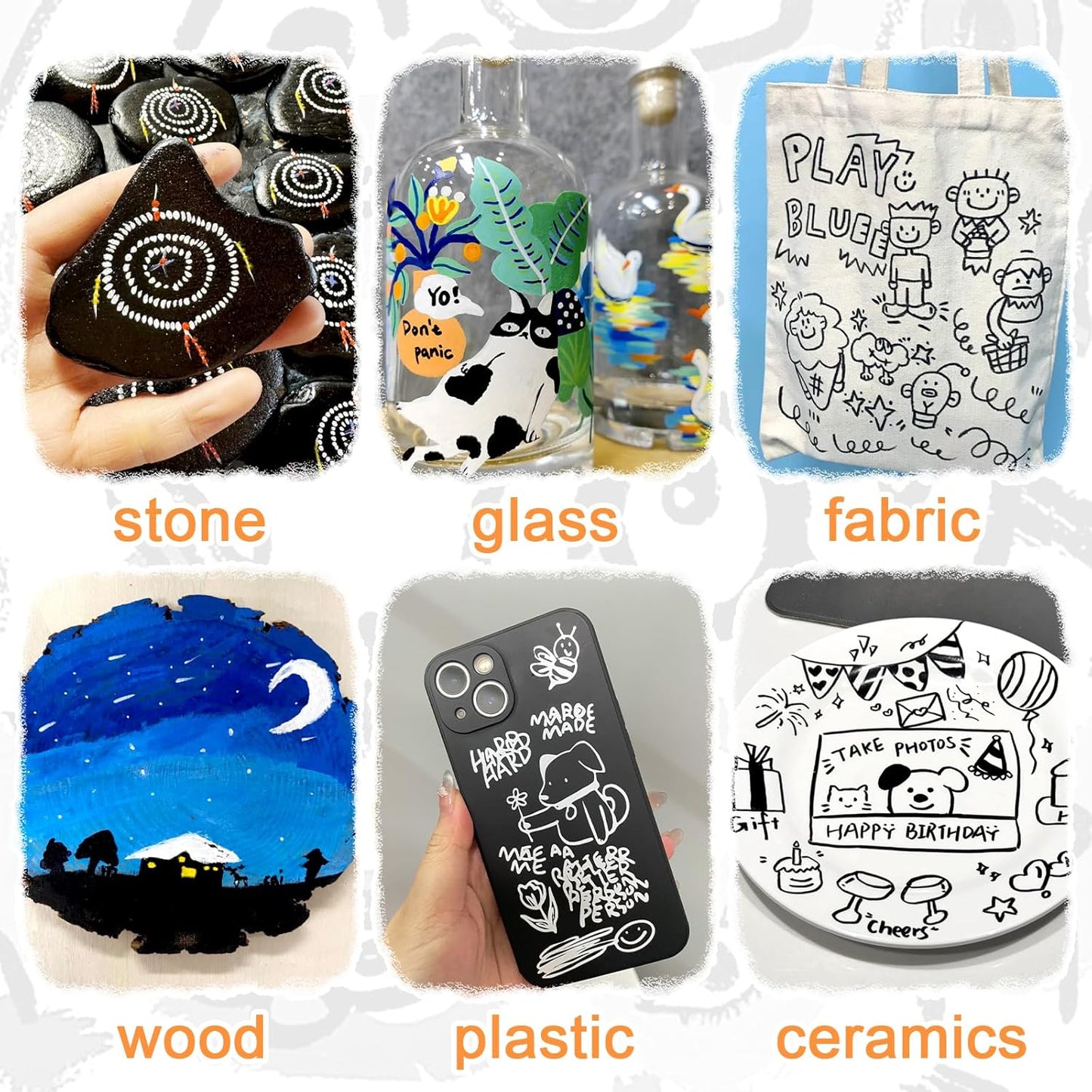 Black White Acrylic Paint Pen Brush, 6PCS Dual Tip Automatic Ink-control Acrylic Markers for Rocks, Metal, Glass, Wood, Fabric, Porcelain, Ceramic