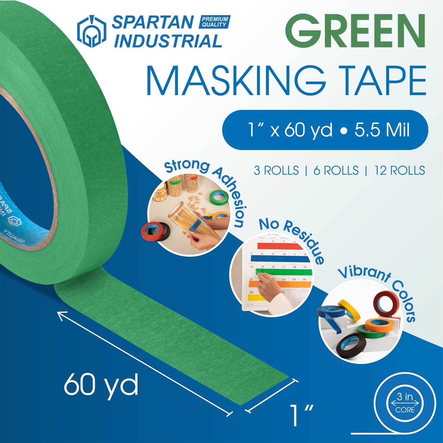 Spartan Industrial - 1" X 60 yd Green Tape - 6 Colored Masking Tape Rolls for Home, Office, School Use - No Residue, 5.5 Mil
