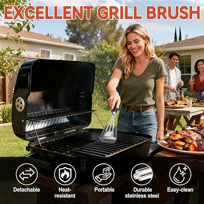 Grill Brush with Scraper,Adjustable Handle BBQ Grill Brush,Extra Strong Grill Cleaning Brush,Hangable Grill Brush for Outdoor Grill/Smoker,Ideal BBQ Grill Cleaning Kit Gifts for Outdoor Wizard
