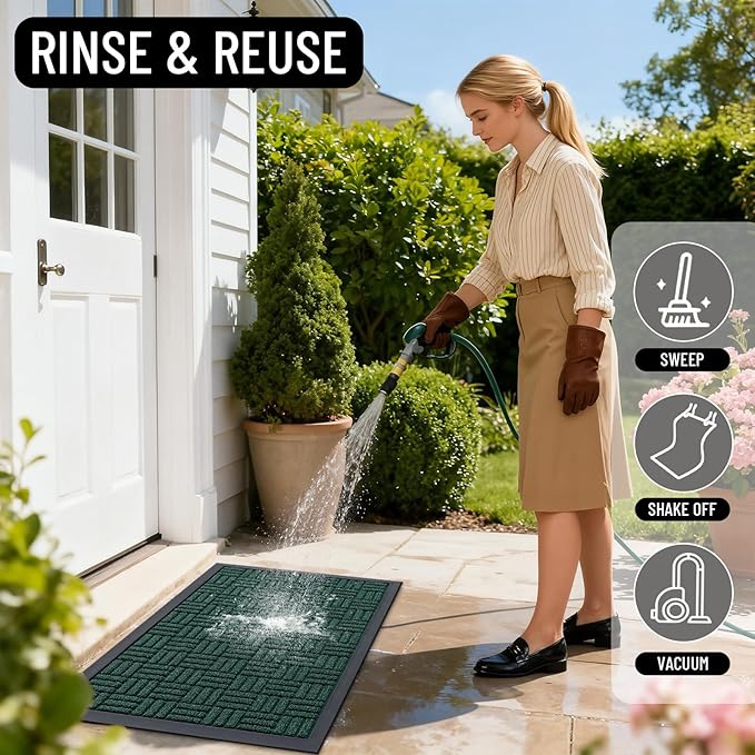OLANLY Front Door Mat Outside Entrance 33x21, Absorbent, Heavy Duty Sturdy Natural Rubber Doormat Indoor Outdoor, Non-Slip, Stain and Fade Resistant, Low Profile Floor Mat for Entryway, Black Green