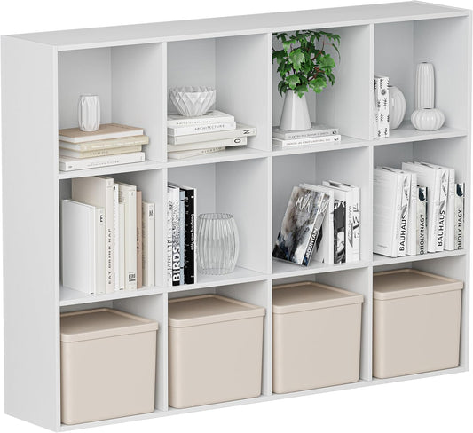 Wooden Cube Storage Organizer with Closed Back Panel, 11in Cube Shelf Opening, Bookshelf, Display Shelf,Closet Cabinet for Home and Office (Embossed White, 12-Cube 35.98L*9.45W*47.72H)