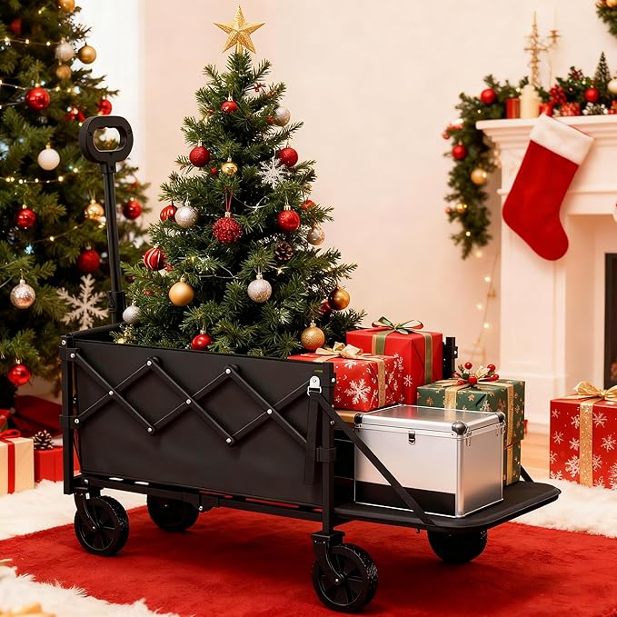 Small Collapsible Wagon with Tailgate, Wagons Carts Foldable with 350lbs Capacity, Lightweight Portable Utility Wagon Cart (Black)