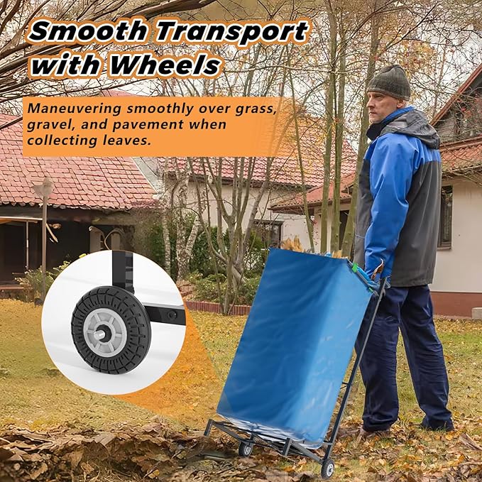 Natheeph Trash Bag Holder - Heavy Duty Metal Outdoor Leaf Bag Holder with Wheel, Adjustable Yard Waste Bag Cart Fits 30-55 Gallon Garbage Bags, Foldable Garden Leaf Bags Stand for Yard Work
