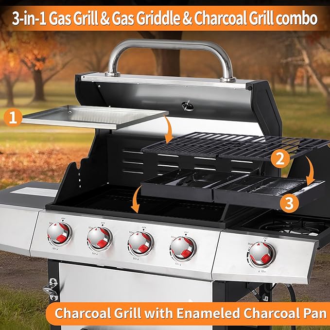 Griddle Grill Combo, Propane Gas and Charcoal Grill Combo, Outdoor BBQ Grills, 4 Burner Propane Stove with Griddle, Cast Iron Grates, Side Burner & Prep Space (4 burner&side burner combo)