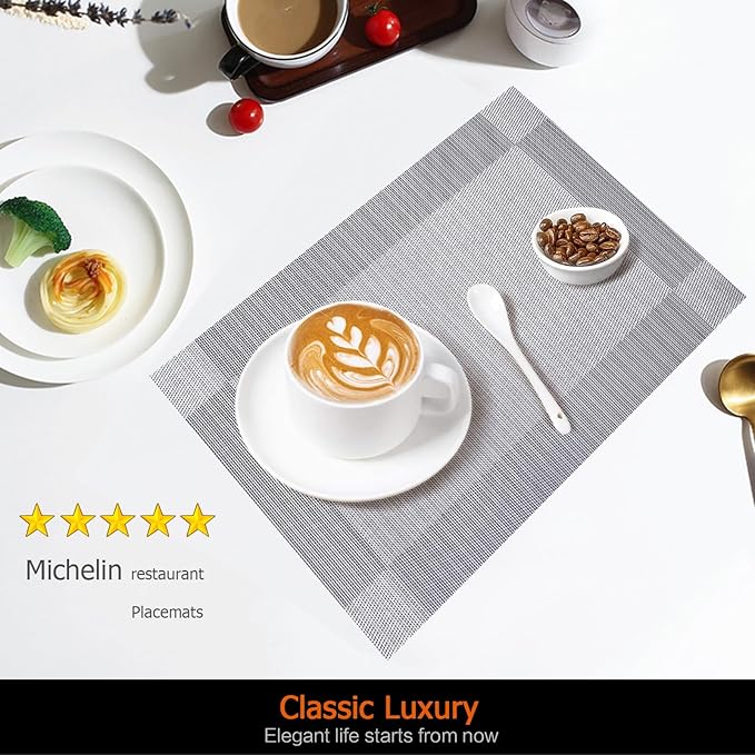 Placemats Set of 6 Washable&Wipeable Silver Place mats for Dining Table Kitchen Indoor Outdoor Table Mats Heat Resistant Non Slip Woven Vinyl Table Placemats (Grey，6PCS)