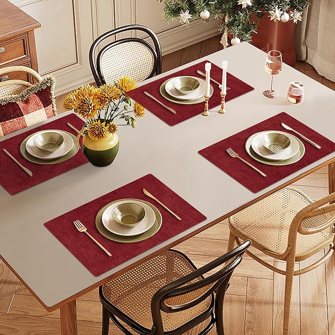 Faux Leather Heat Resistant Christmas Placemats Set of 6 – Waterproof Oilproof Wipeable Dining PU Vinyl Place Mat Easy Clean Table Mats for Kitchen/Dining/Party/Holiday, Red