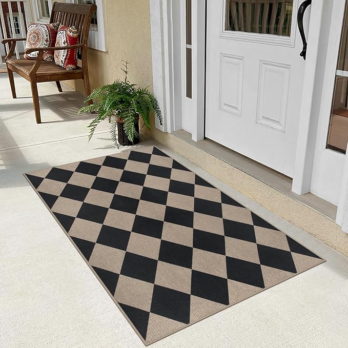 Easy Jute Checkered Entryway Rug, 2.6x4 Black Modern Indoor Outdoor Doormat, Washable Non-Slip Neutral Kitchen Rug Farmhouse Diamond Throw Rugs for Entrance Bedroom Bathroom
