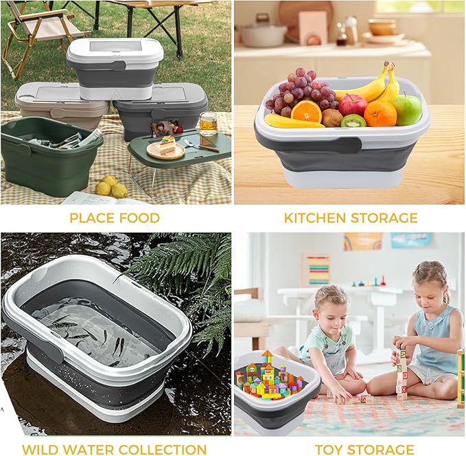 Picnic Basket for 2 Person, Foldable Bucket with Lid and Handles, Portable Outdoor Storage Bucket, 18 Liters, Ideal for Camping、Outdoors and Car Trunks (White)