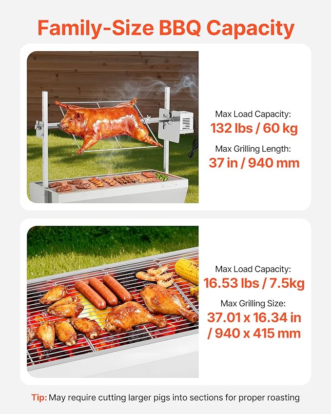 VEVOR Rotisserie Grill, 37in BBQ Outdoor Pig & Lamb Spit Roaster, Charcoal Spit Roaster with 132 LBS Capacity, Wheels, 7-Level Height, Stainless Steel Electric Rotisserie Grill Kit for Camping Outdoor