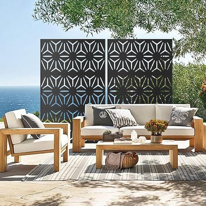 Heavy-Duty Outdoor Privacy Screen for Patio, Balcony, Backyard - 72" H * 44" W Tall Metal Room Divider with Modern Geometric Pattern, Anti-Tipping Kit, Weather Resistant, Easy Assembly