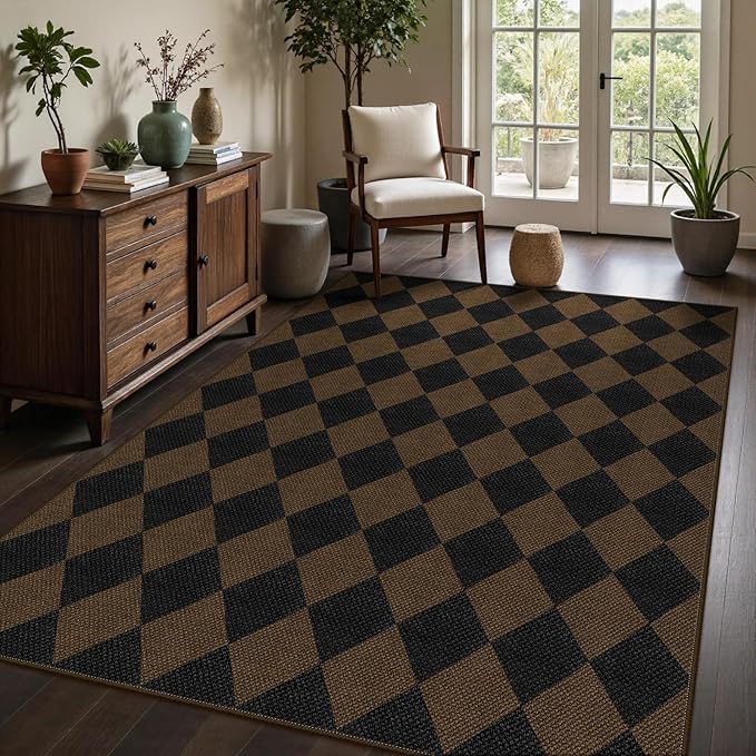 Easy Jute Coffee Checkered 5x7 Area Rug, Washable Modern Rugs for Living Room Non-Slip Diamond Bedroom Rug, Neutral Farmhouse Indoor Outdoor Carpet for Patio Dining Room Classroom