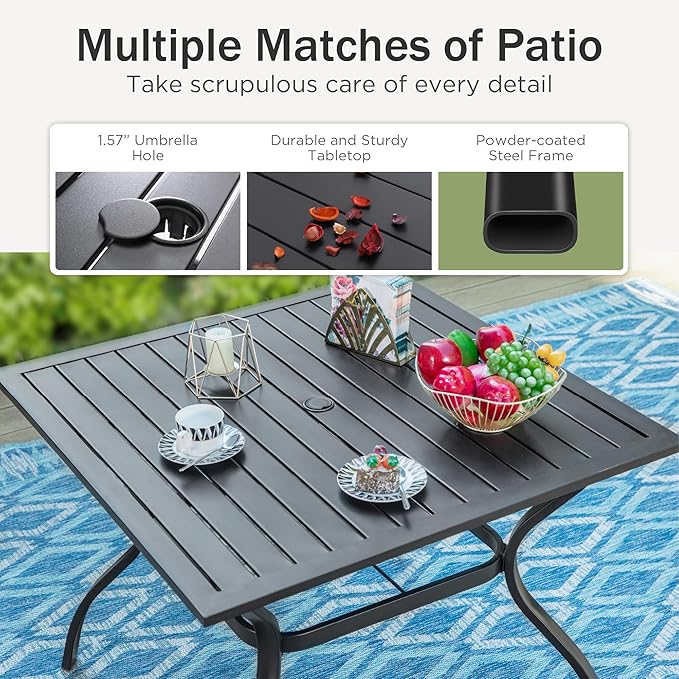 PHI VILLA 37 Inch Outdoor Dining Table Metal Steel Slat Square Patio Dining Table with 1.57" Umbrella Hole for Garden, Backyard and Porch (Classic Black)
