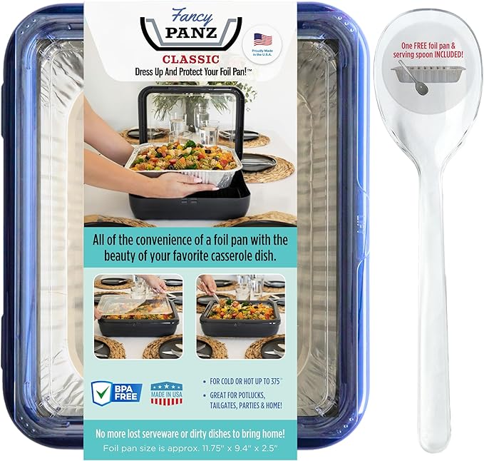 Fancy Panz - Navy Classic Aluminum Foil Pan Carrier with Lid - Elevated Food Serving Tray - Portable Casserole Carrier with Lid - Made in The USA Hosting Essentials