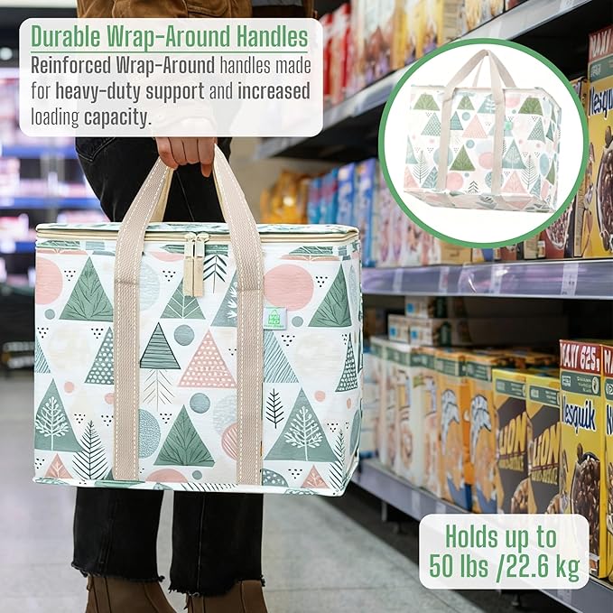 VENO 2 Pack Cooler Bag, Insulated Grocery Bags for Food Delivery, Collapsible Cooler, Reusable Shopping Bags for Groceries, Hard Bottom, Zippered, Foldable, Christmas Pattern (Pastel Forest, 2 Pack)