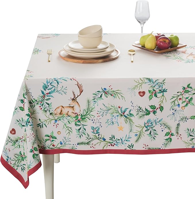 Maison d' Hermine Table Cloth Square Table 100% Cotton 60 x 60 Inches Fall Tablecloth Reusable Everyday Use for Thanksgiving Christmas Decorations Dining Farmhouse Party (Holly Time)