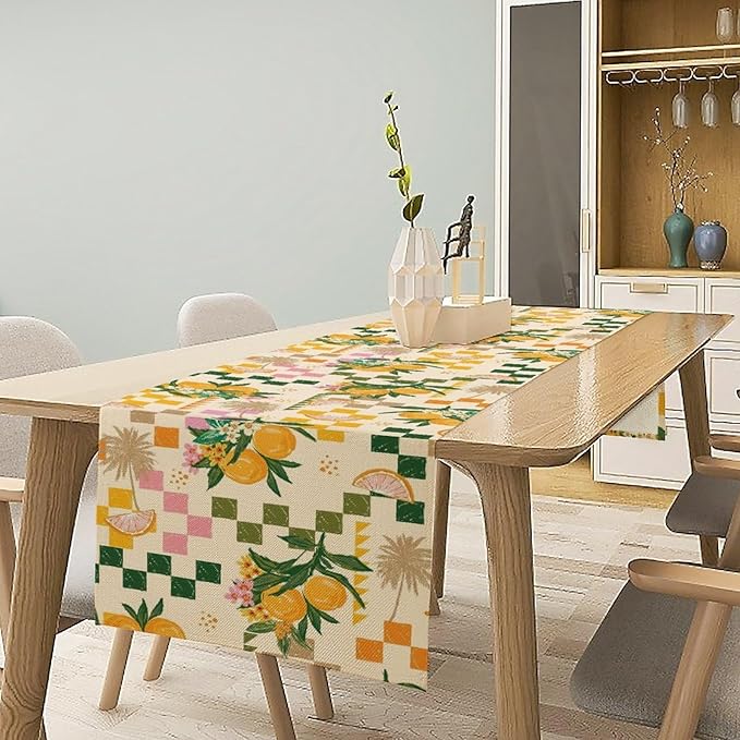 Tropical Summer Fruit Table Runner, Orange Square Grid Lemon Beach Ocean Table Runner for Kitchen Dining Party Holiday Home 13x90in