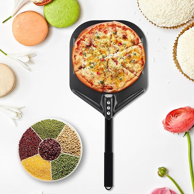 Perforated Pizza Peels 6 INCH pizza spatula paddle Long Handle Metal Pizza Spatula for Indoor and Outdoor (12 Inch Black)