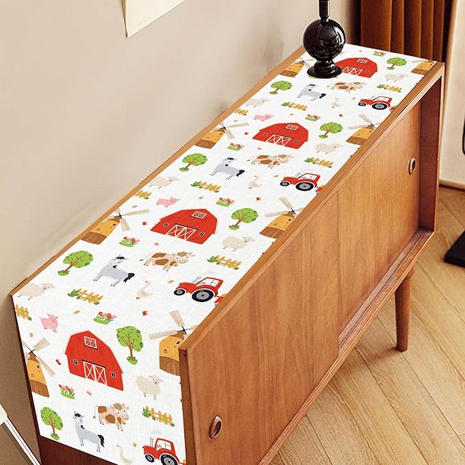 Farm Animals Table Runner, Rustic Farmhouse Cow Pig Rooster Watercolor Coffee Table Center Decor for Home Kitchen Dining Patio Holiday Party Indoor Outdoor Table Decorations, 13"x72" Inch