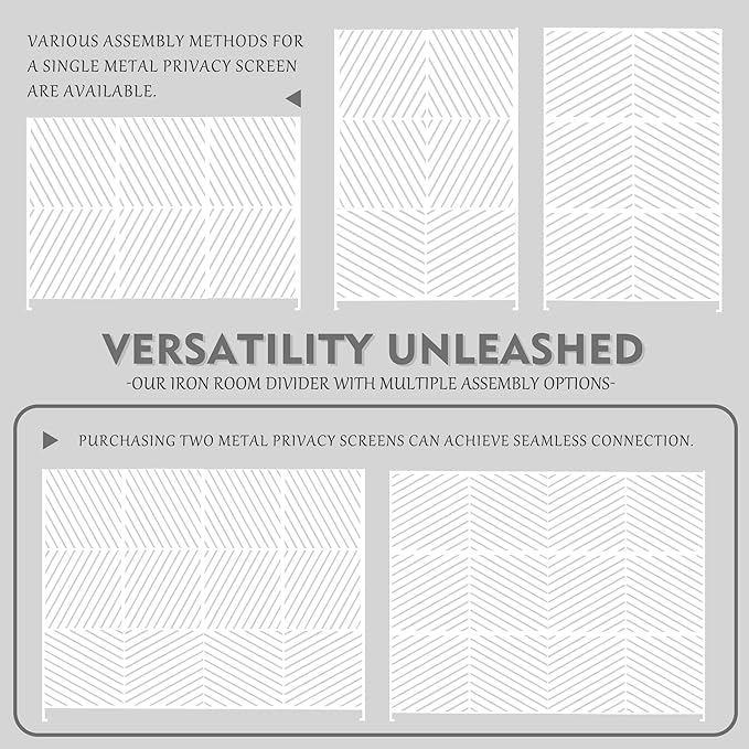 Kozyard Metal Privacy Screen 74" H x 47.2" W Decorative Outdoor Divider with Stand Panels Freestanding Screen Set for Deck Patio Balcony Garden Outdoor&Indoor (White/Chevron)
