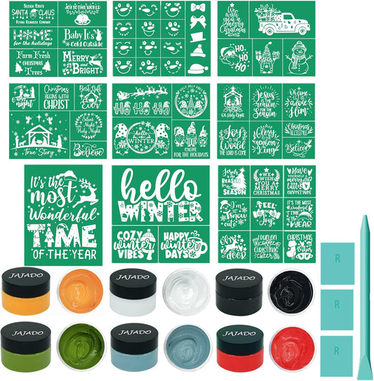 JAJADO 19pcs Christmas Stencils Chalk Paste Paint Set with Mini Squeegees, Self Adhesive Silk Screen Stencils Xmas Screen Print Mesh Transfer for Painting on Wood, Fabric, Glass, DIY Christmas Decor
