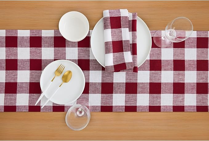 Solino Home Checkered Table Runner 132 Inches Long - 100% Pure Linen Buffalo Check Burgundy and White Table Runner 14 x 132 Inch Ideal for Dining, Valentines