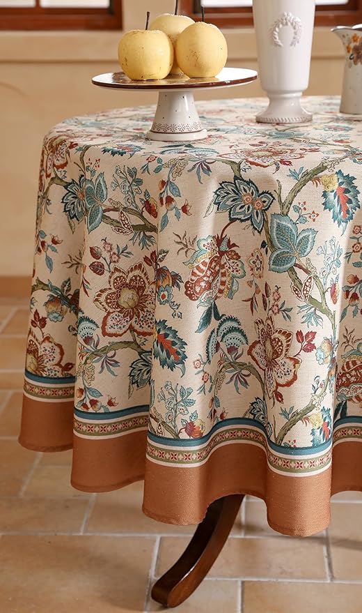 Designer Vintage Linen Small Round Tablecloth,Indian Style Wrinkle Free Orange Floral Table Cloth,Decor Table Cover for Kitchen,Dining,Thanksgivingome,Christmas,Diameter 55"-Mangala